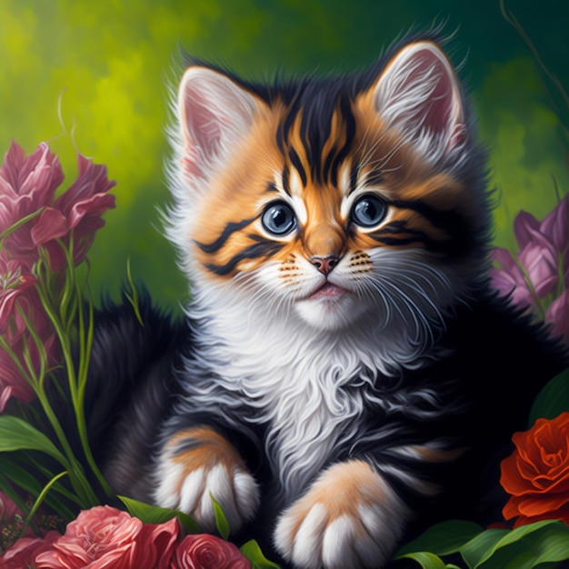 Gatinho bonito com flores de fundo