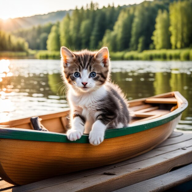 Gatinho bonito com gato no barco de madeira Gatinho simpático com gato no bote de madeira