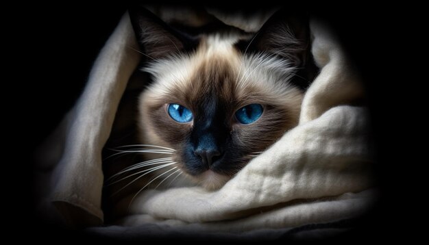 Gatinho bonito com olhos azuis, pele fofa e bigodes curiosos gerados por inteligência artificial.