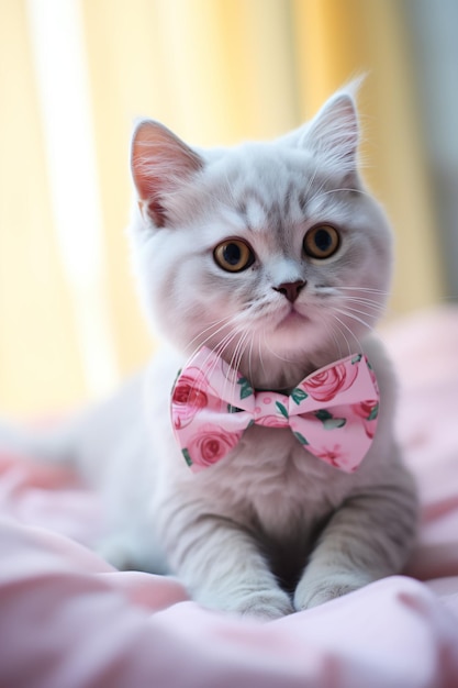 Foto gatinho bonito com um laço rosa