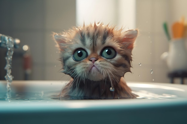 Gatinho bonito e bonito tomando banho de buceta molhada olhando com olhos grandes e queixosos Ilustração de higiene e cuidados com os animais