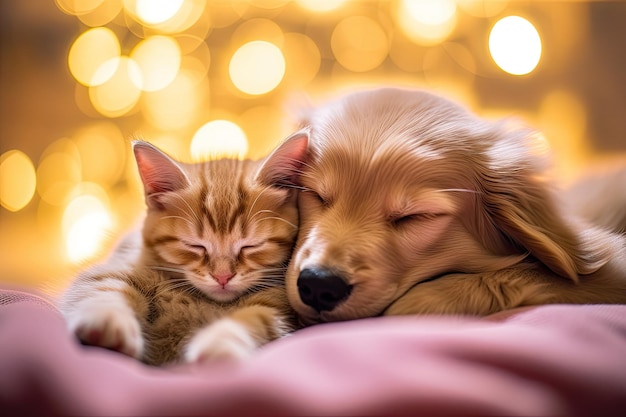 Gatinho bonito e cachorrinho a dormir juntos.