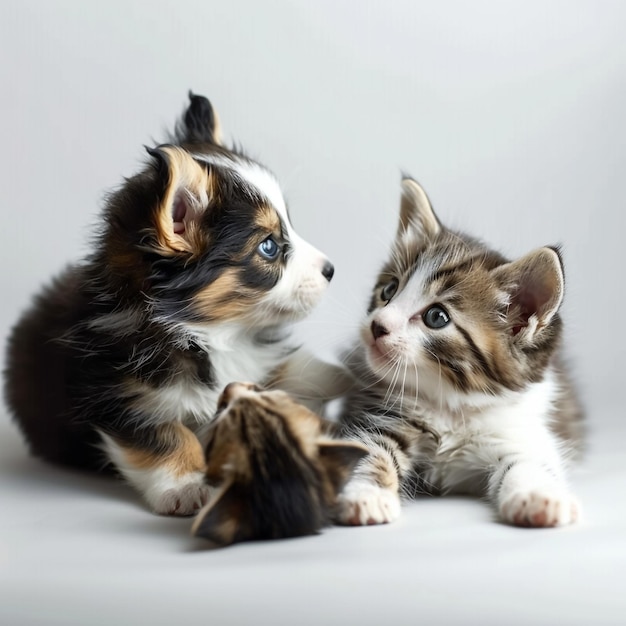 Gatinho bonito e cachorro espiando do lado de uma bandeira branca com espaço para texto