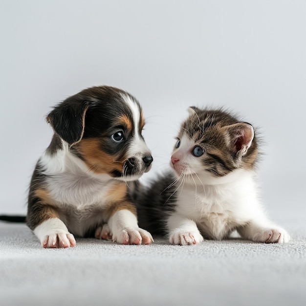 Gatinho bonito e cachorro espiando do lado de uma bandeira branca com espaço para texto