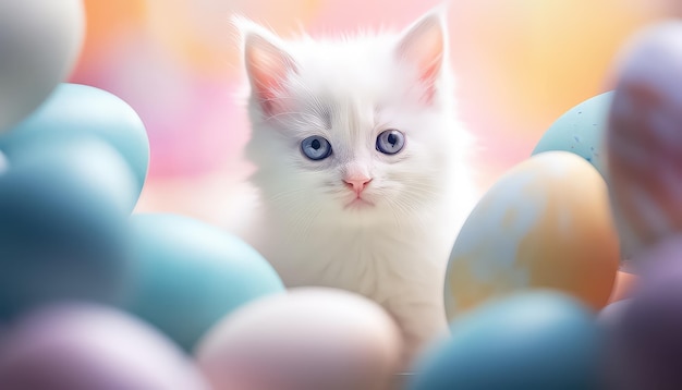 Gatinho bonito e ovos em cores pastel conceito de Páscoa