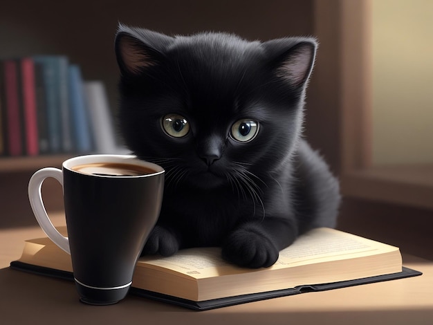 Gatinho bonito e xícara de café.