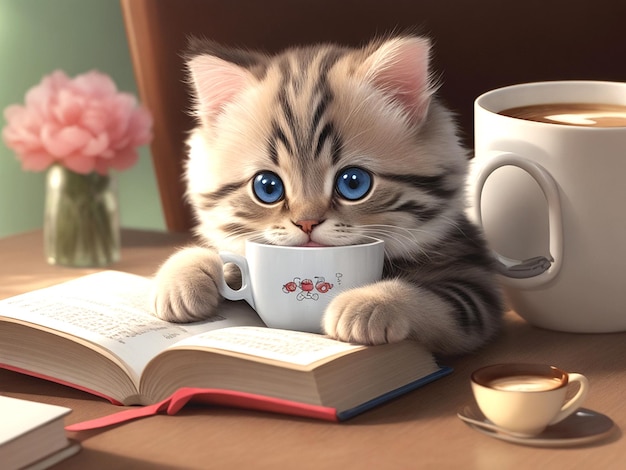 Gatinho bonito e xícara de café.