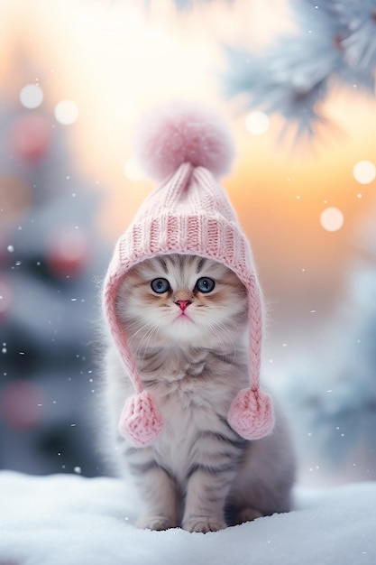 Gatinho bonito em chapéu rosa pastel de tricô em fundo de férias de inverno com neve desfocada