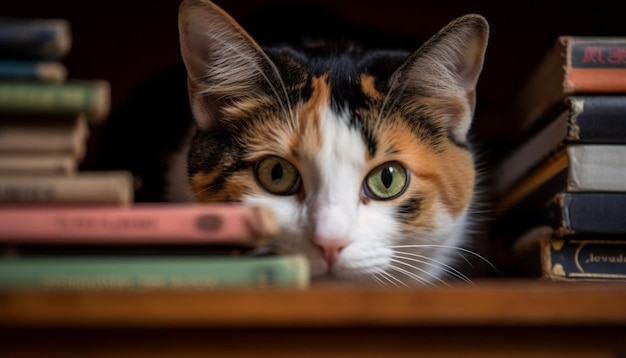 Foto gatinho bonito estudando literatura na biblioteca focando na estante gerada por inteligência artificial