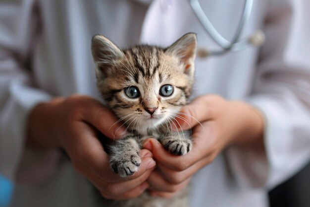 Gatinho bonito nas mãos do veterinário