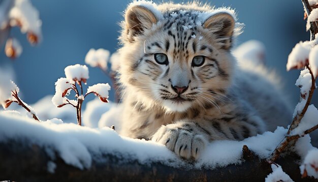 Foto gatinho bonito olhando para a câmera cercado por um deserto coberto de neve gerado pela ia