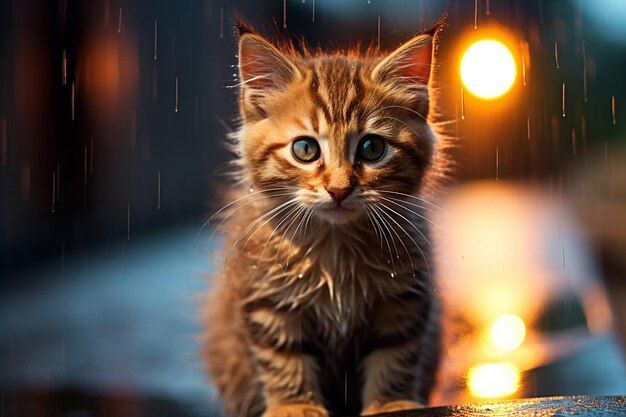 Gatinho bonito olhando para a câmera com a pele molhada pela chuva