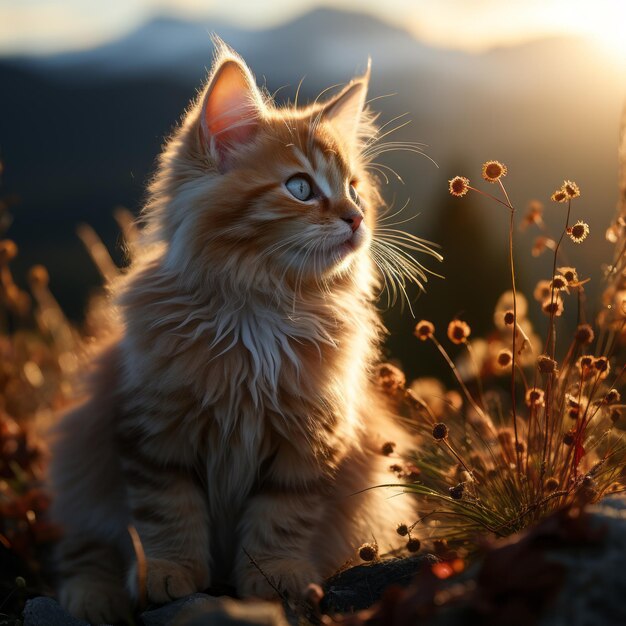 Gatinho bonito sentado na grama olhando para a bela paisagem