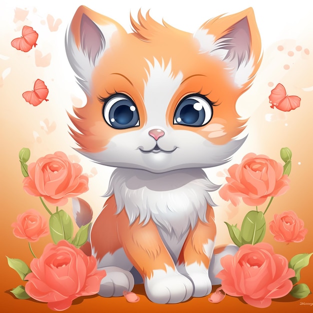 Gatinho bonito sentado no fundo de flores Ilustração vetorial