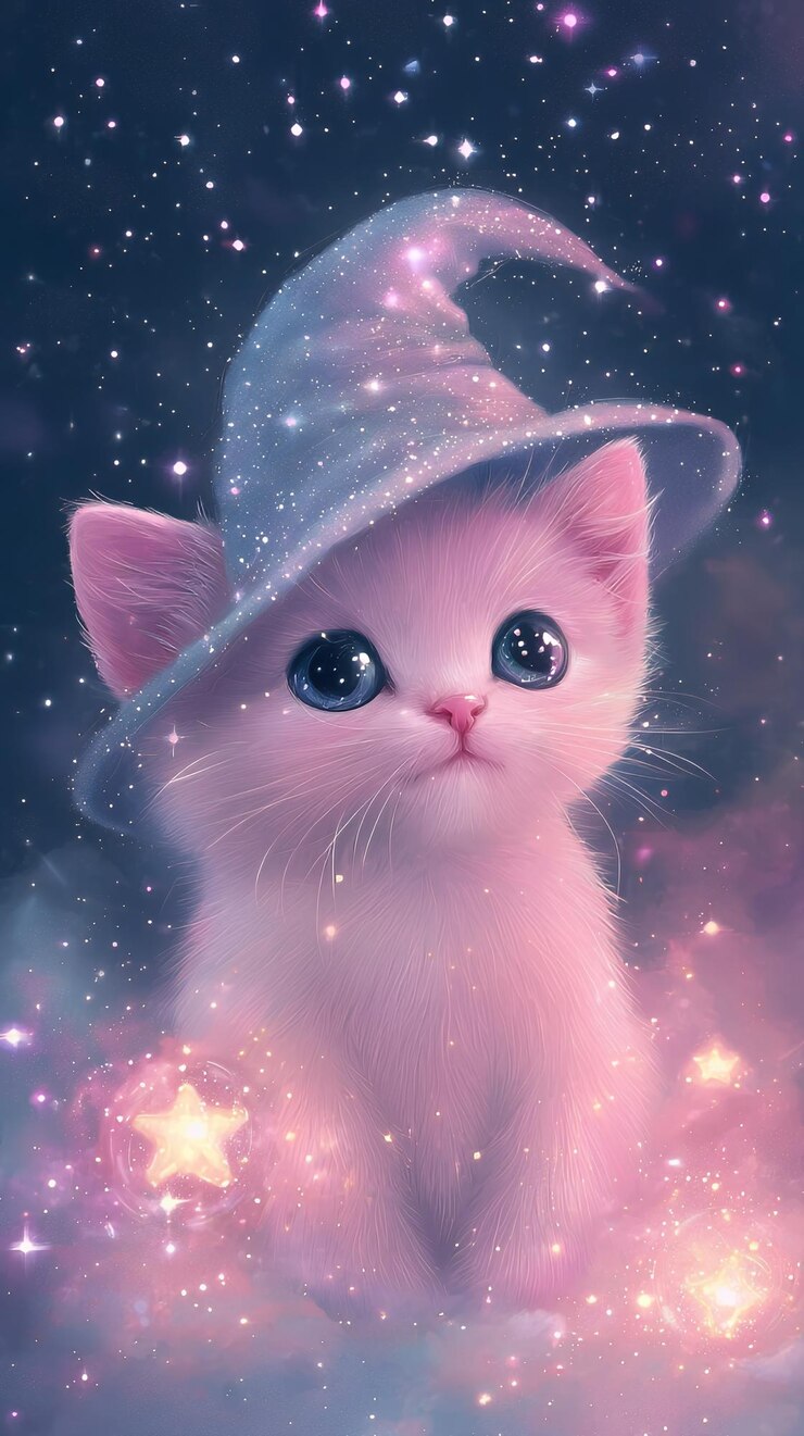 Foto gatinho bonito usando um chapéu de bruxa com estrelas no fundo