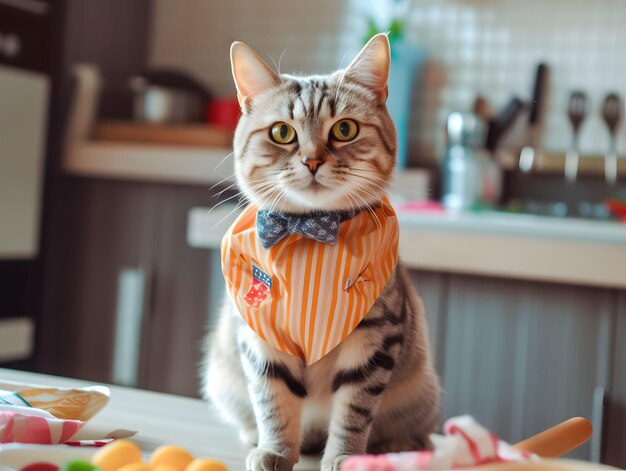 Foto gatinho bonito vestindo uniforme de trabalho sentado no balcão da cozinha fundo de cozinha aconchegante criado com tecnologia de ia generativa