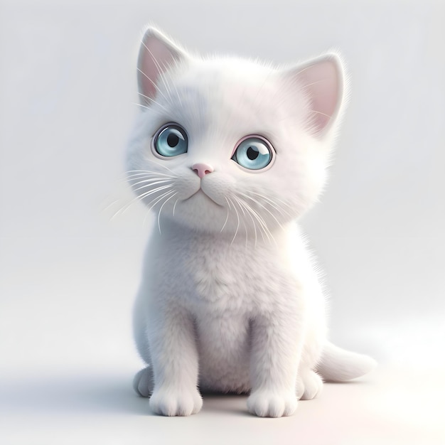 Gatinho branco com olhos azuis em uma renderização 3d de fundo branco