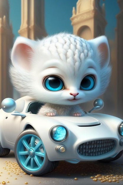 Gatinho branco dirigindo um carro branco com olhos azuis generative ai