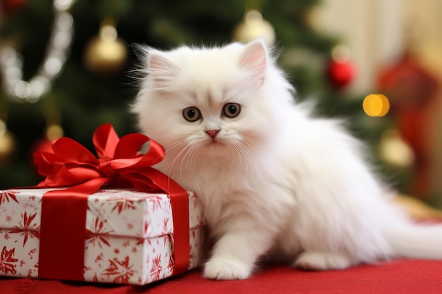 Gatinho branco em um presente de Natal