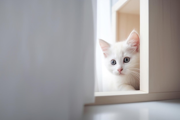 Foto gatinho branco espreitando por trás de uma caixa branca sob os lençóis na sala em estilo minimalista luz do dia ensolarada com espaço de cópia ia generativa