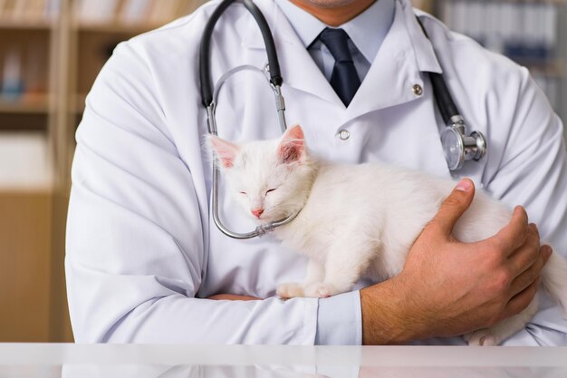 Gatinho branco visita veterinário para check-up