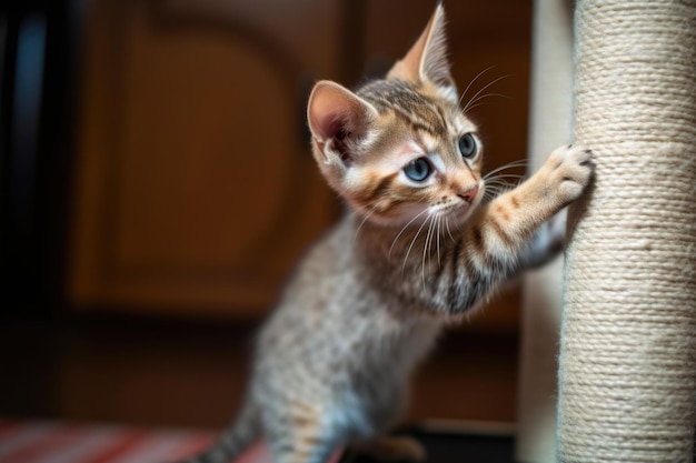 Gatinho brincalhão experimentando suas garras e habilidades de salto em arranhador criado com IA generativa