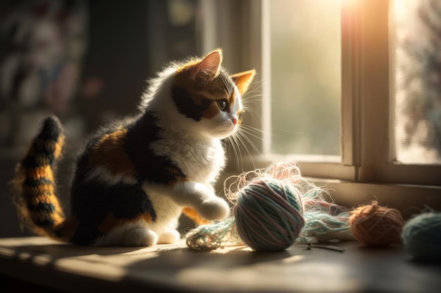 Gatinho brincando com fios pela janela Generative AI