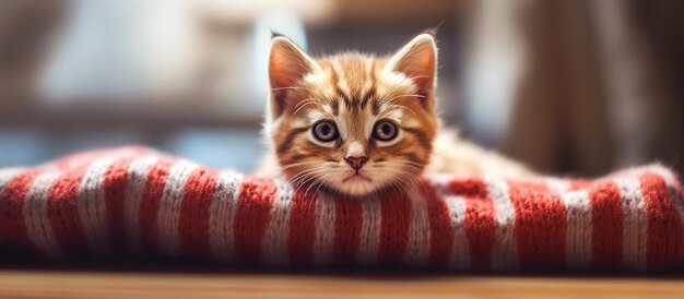 Gatinho britânico bonito encontra-se em uma madeira sob um cobertor vermelho Generative AI