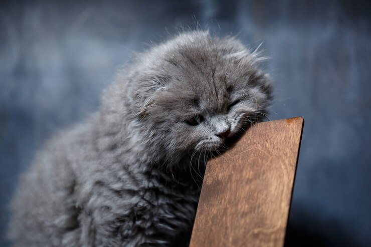 Gatinho britânico mordiscando um suporte de madeira