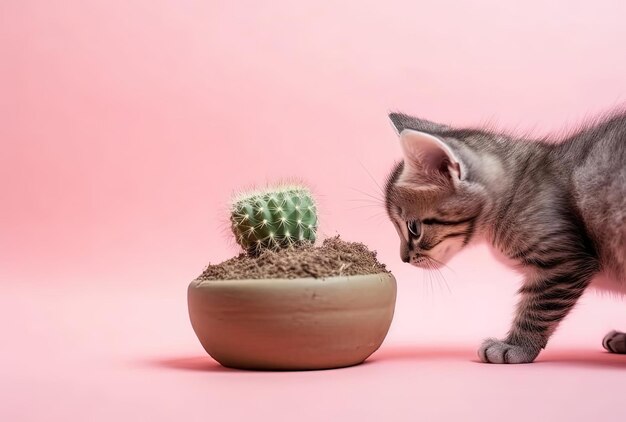 Gatinho cheirando cacto