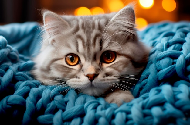 Foto gatinho cinza bonito dormindo em um cobertor macio azul animais de estimação fofinhos confortavelmente acomodados para dormir