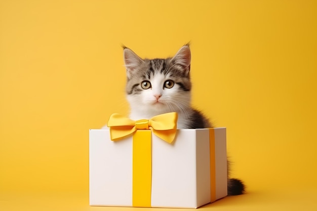 gatinho cinza senta-se em um fundo amarelo com uma caixa de presente com um laço surpresaAI gerado