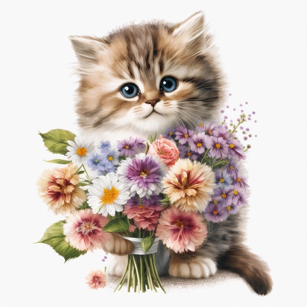 gatinho com buquê de flores