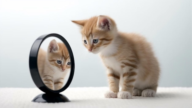 gatinho com espelho em fundo branco gatinho olha no reflexo de um leão no espelho