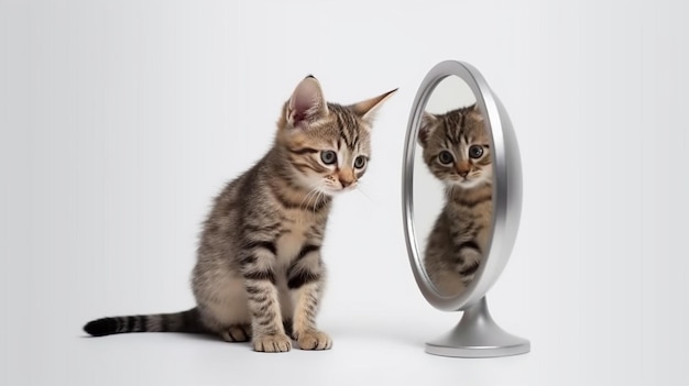 gatinho com espelho no fundo branco gatinho olha em um reflexo do espelho de um tigre