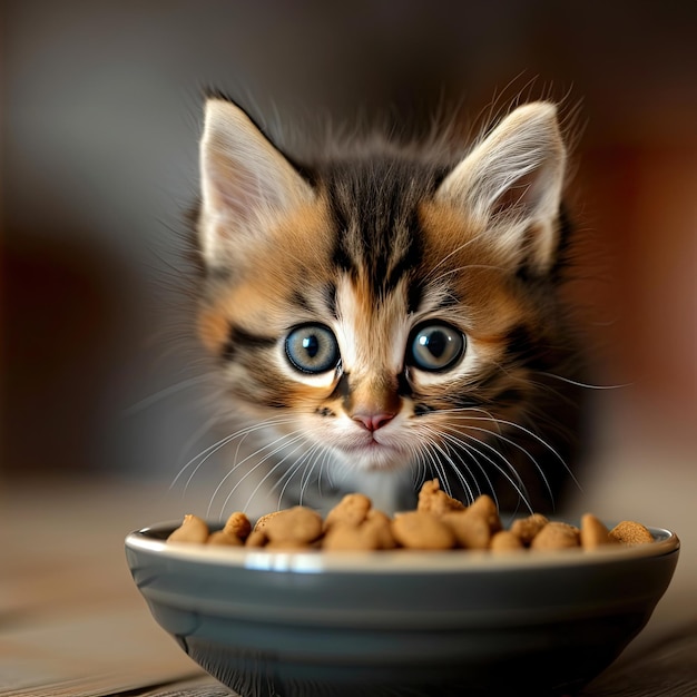 Foto gatinho comendo de uma tigela de comida seca