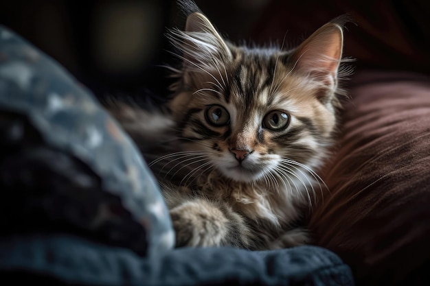 Gatinho curioso se aninha em travesseiros fofos pronto para tirar uma soneca IA generativa