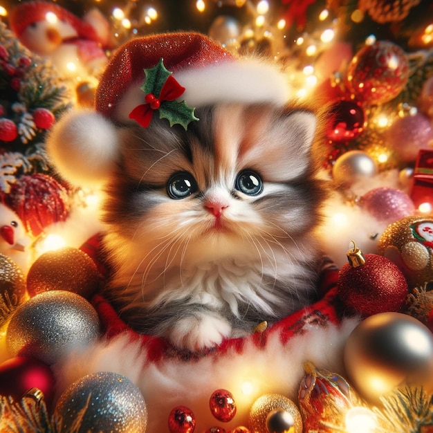 Foto gatinho de cesta de natal em um ambiente festivo
