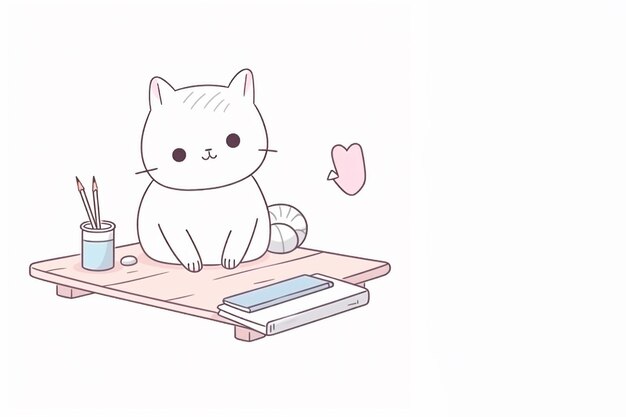 Foto gatinho de desenho animado branco bonito sentado em uma mesa com suprimentos escolares em fundo branco educação c