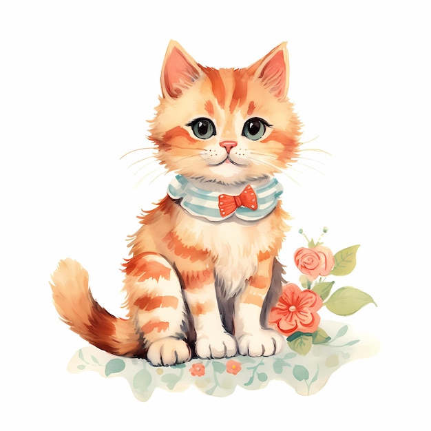 gatinho de desenho animado pintado em aquarela para materiais de pet shop gerador de IA de gato vintage