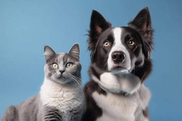 Gatinho de gato British Shorthair e um cão border collie com expressão feliz juntos no banner de fundo azul emoldurado olhando para a câmera