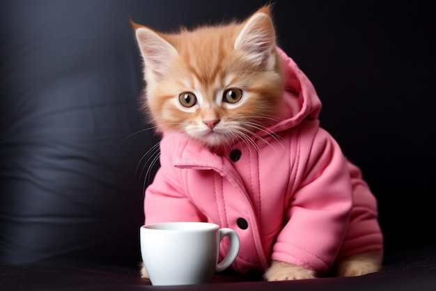 Gatinho de gengibre bonito com um casaco rosa e uma chávena de café.