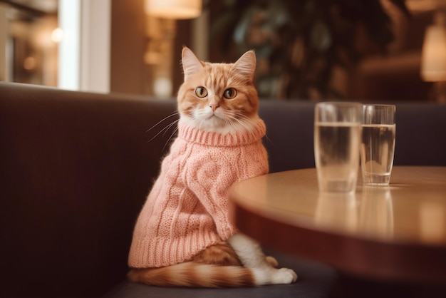 Gatinho de gengibre em suéter de malha rosa no café Generative AI