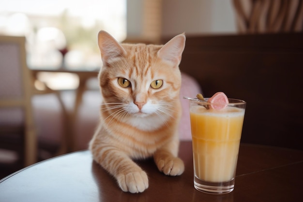 Gatinho de gengibre em suéter de malha rosa no café Generative AI