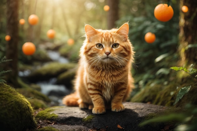 Gatinho de Maine Coon sentado em uma árvore em um parque florestal em um dia ensolarado de verão