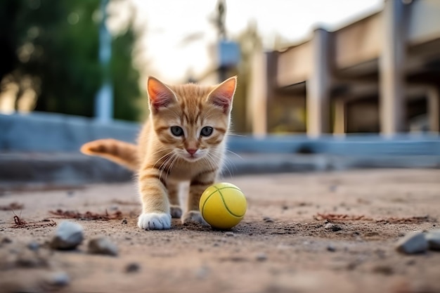 Gatinho doméstico feliz brinca com uma bola no apartamento em uma caminhada gerada por IA