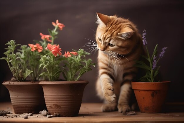 Gatinho doméstico feliz senta-se perto da planta em uma panela com terra em um fundo marrom gerado por IA