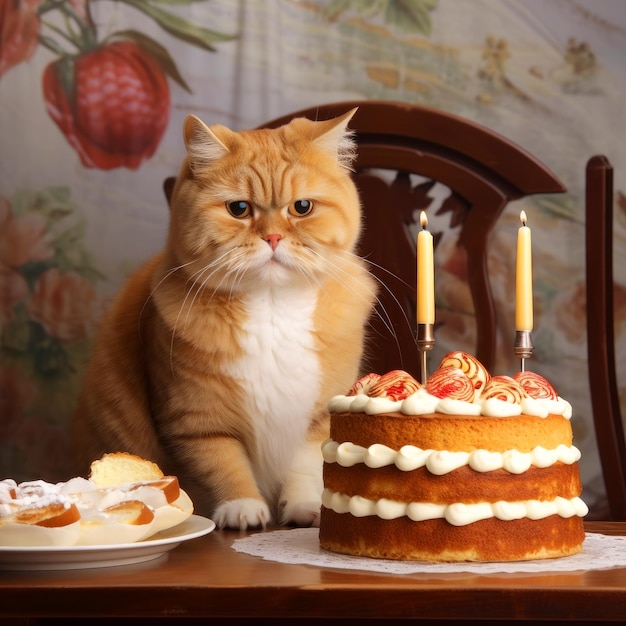 Gatinho doméstico fofo com bolo de aniversário gato velho comemorando aniversário com bolo generative ai