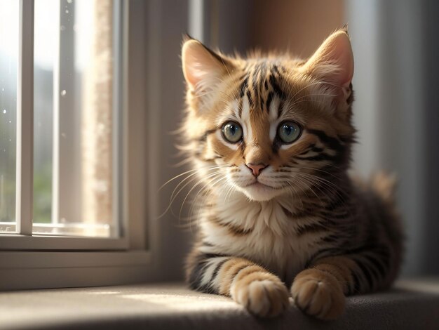 Gatinho doméstico fofo sentado na janela olhando para fora da IA generativa