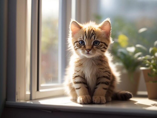 Gatinho doméstico fofo sentado na janela olhando para fora da IA generativa